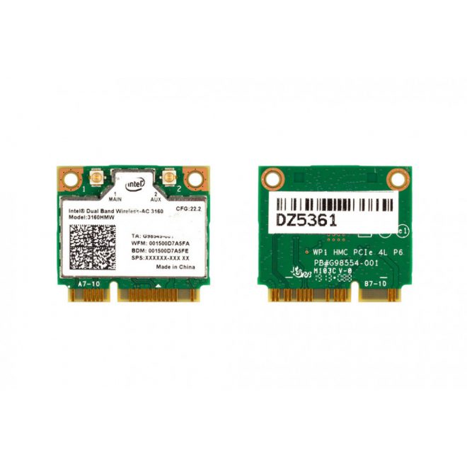 Intel Dual Band Wireless-AC 3160 gyári új Half Mini PCI-e WiFi 802.11ac (max 433 Mbps) + Bluetooth 4.0 kártya (3160HMW)