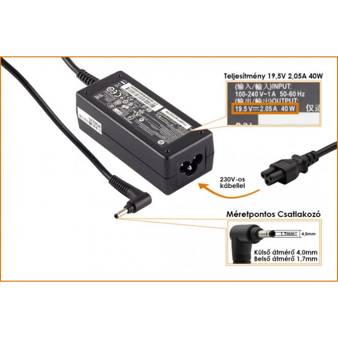 HP 19.5V 2.05A (4mm x 1.7mm) 40W gyári új töltő (HSTNN-CA18)