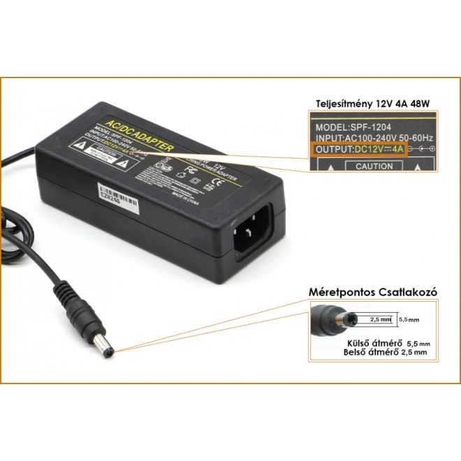 12V 4A 48W helyetesítő új adapter, 5,5 mm * 2,5 mm (SPF-1204)