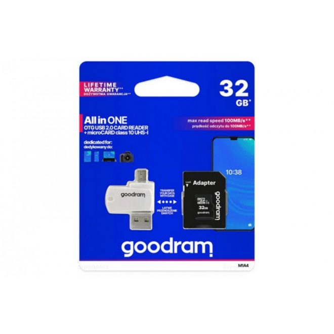 Goodram 32GB Class 10 UHS-I MicroSDHC kártya + adapter + OTG kártyaolvasó (M1A4-0320R12)