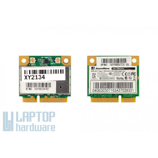 AzureWave AW-NB037H gyári új 802.11b/g/n WiFi + Bluetooth 3.0 Mini PCI-E (half) kártya