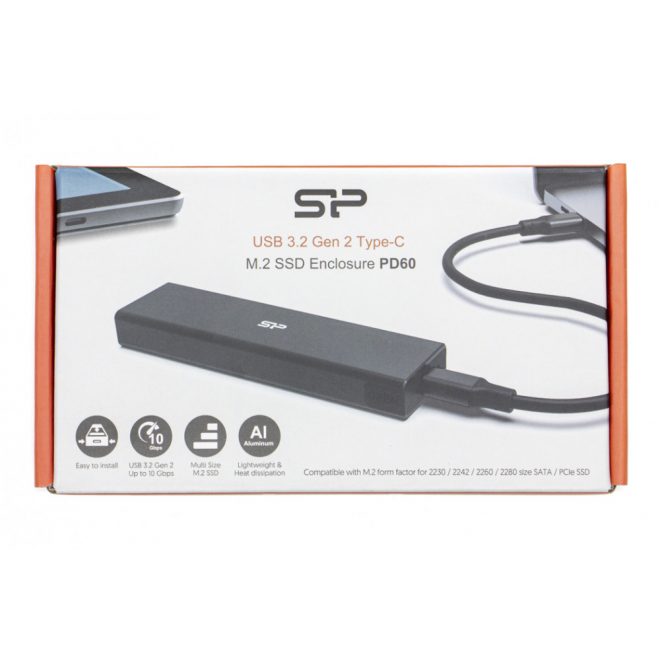 Silicon Power M.2 SATA / PCI-E NVME SSD külső ház USB-C (Type-C USB 3.2 Gen 2) csatlakozással (PD60, SP000HSPSDPD60CK)