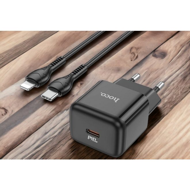 hoco. N32 Glory fali telefon és tablet gyorstöltő 30W USB-C kimenettel, USB-C/Apple Lightning kábellel, fekete (N32)