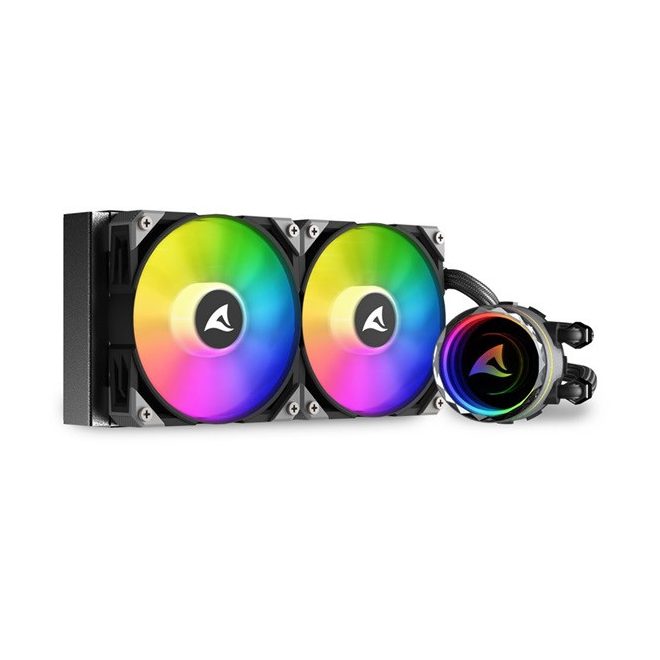 Sharkoon CPU Water Cooler Vízhűtés - S80 RGB AIO 240mm (max. 35 dB (A); max. 131.93 m3/h; 2x12cm, A-RGB LED, fekete) (4044951038008)