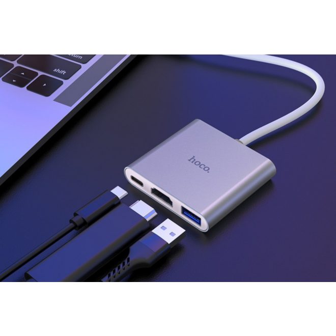 hoco. USB-C (Type-C) Multiport 3 portos Adapter, HDMI, USB 3.0, és USB-C kimenettel (HB14)