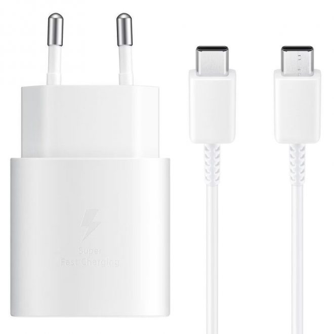 Samsung Galaxy-hoz 25W gyors Töltő + Kábel (USB-C to USB-C) S8, S9, S10, S20, S21, S22, S23, S24 fehér