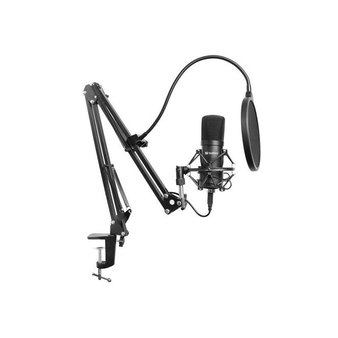 Sandberg Mikrofon - Streamer USB Microphone Kit (fekete; USB; Pop-filter; lökés-csillapító; állítható asztali tartókar)(126-07)