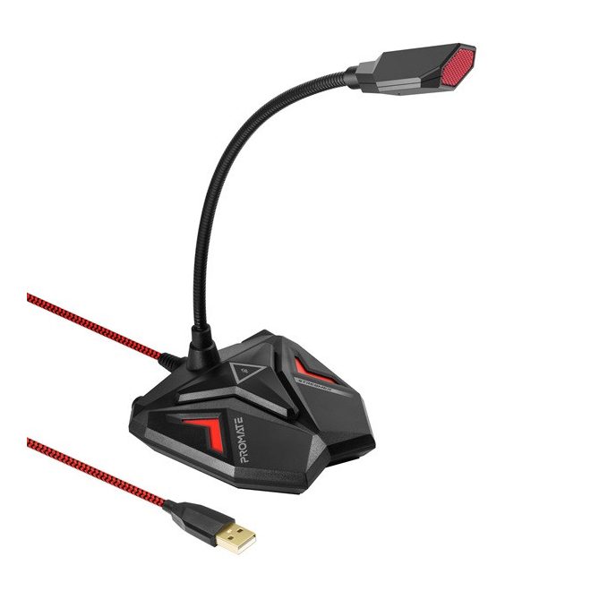 Promate USB Mikrofon - STREAMER (Plug & Play, flexibilis, Headset port, 1,5m, piros)