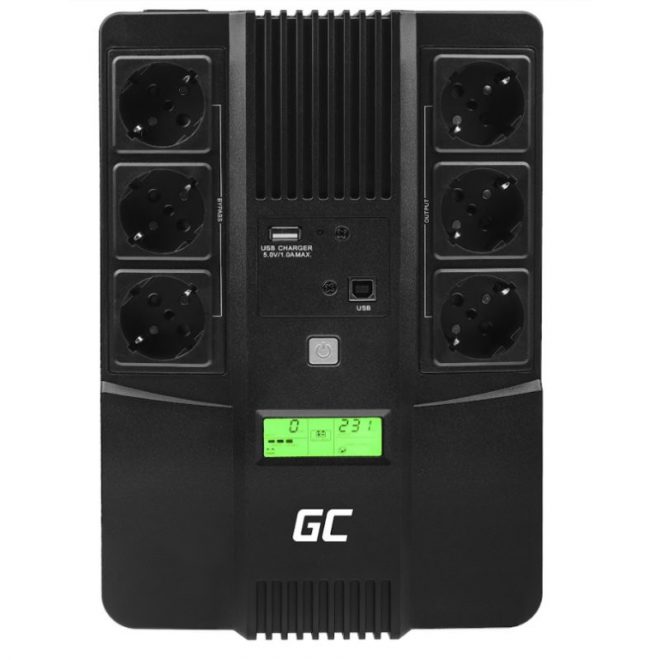 Green Cell AiO Szünetmentes Tápegység Akkumulátorral 600VA, 360W, LCD kijelző (6 Schuko, line-interaktív AVR, USB menedzsment, RJ45 vonalvédelem (UPS06)