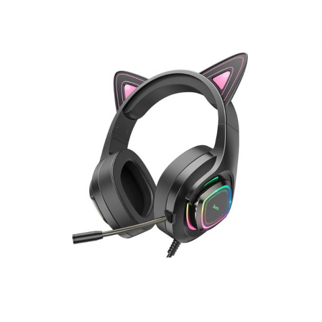 hoco. W107 Cute Cat fekete-pink RGB világítós cicafüles vezetékes gamer headset, fejhallgató (W107)