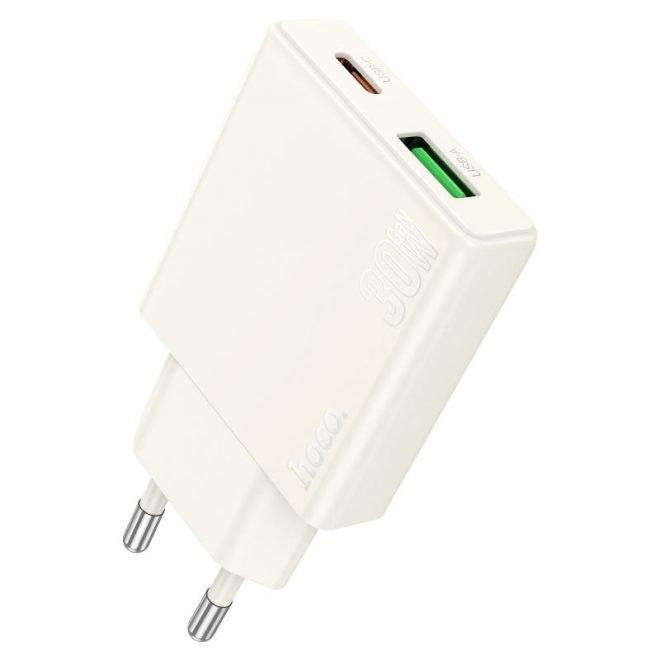 Hoco N45 Biscuit PD 30W + QC3.0 hálózati töltő, 1 db USB-C, és 1 db USB-A, USB-C/USB-C kábellel, fehér (N45)