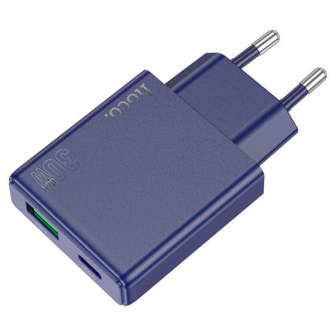 Hoco N45 Biscuit PD 30W + QC3.0 hálózati töltő, 1 db USB-C, és 1 db USB-A, USB-C/USB-C kábellel, kék (N45)