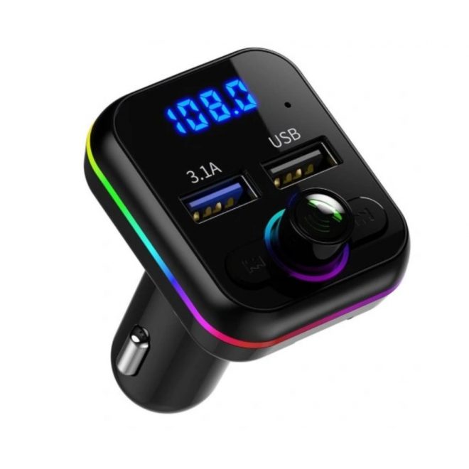 Szivargyújtós FM Transmitter Bluetooth 5.3, MP3 lejátszó 2xUSB autós töltő, telefon töltő, kihangosító, Rainbow LED