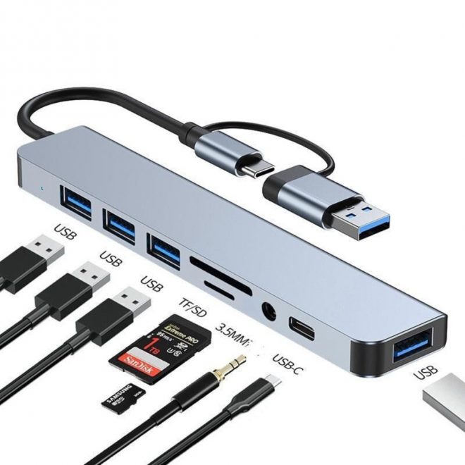 USB-C/USB 3.0 HUB 8 portos átalakító (1xUSB 3.0, 3xUSB 2.0, SD/microSD kártya olvasó, USB-C, 3.5mm audio)