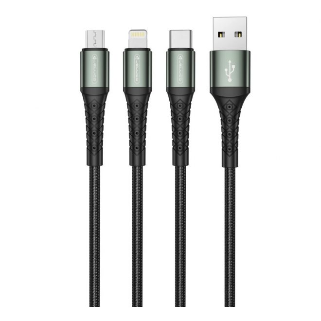 3in1 1,2m Telefon Extra Erős Töltő Kábel 3,1A Fekete, USB to USB-C MicroUSB Lightning, Cipőfűző Mintás