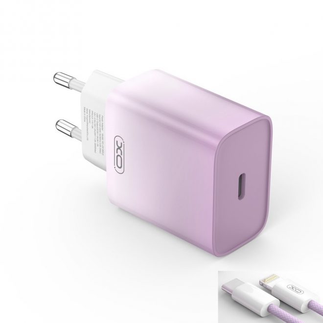 Apple iPhone-hoz 30W Lila - Fehér Gyors Töltő + Cipőfűző mintás Lila - Fehér Színes Kábel (USB-C to Lightning)